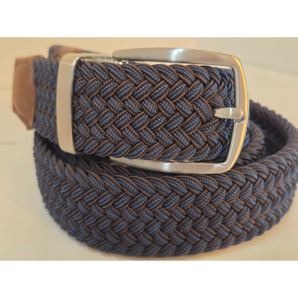 Tommy Bahama Braided Stretch Belt S/M 32-36 Navy Espresso Leather Trim Preppy